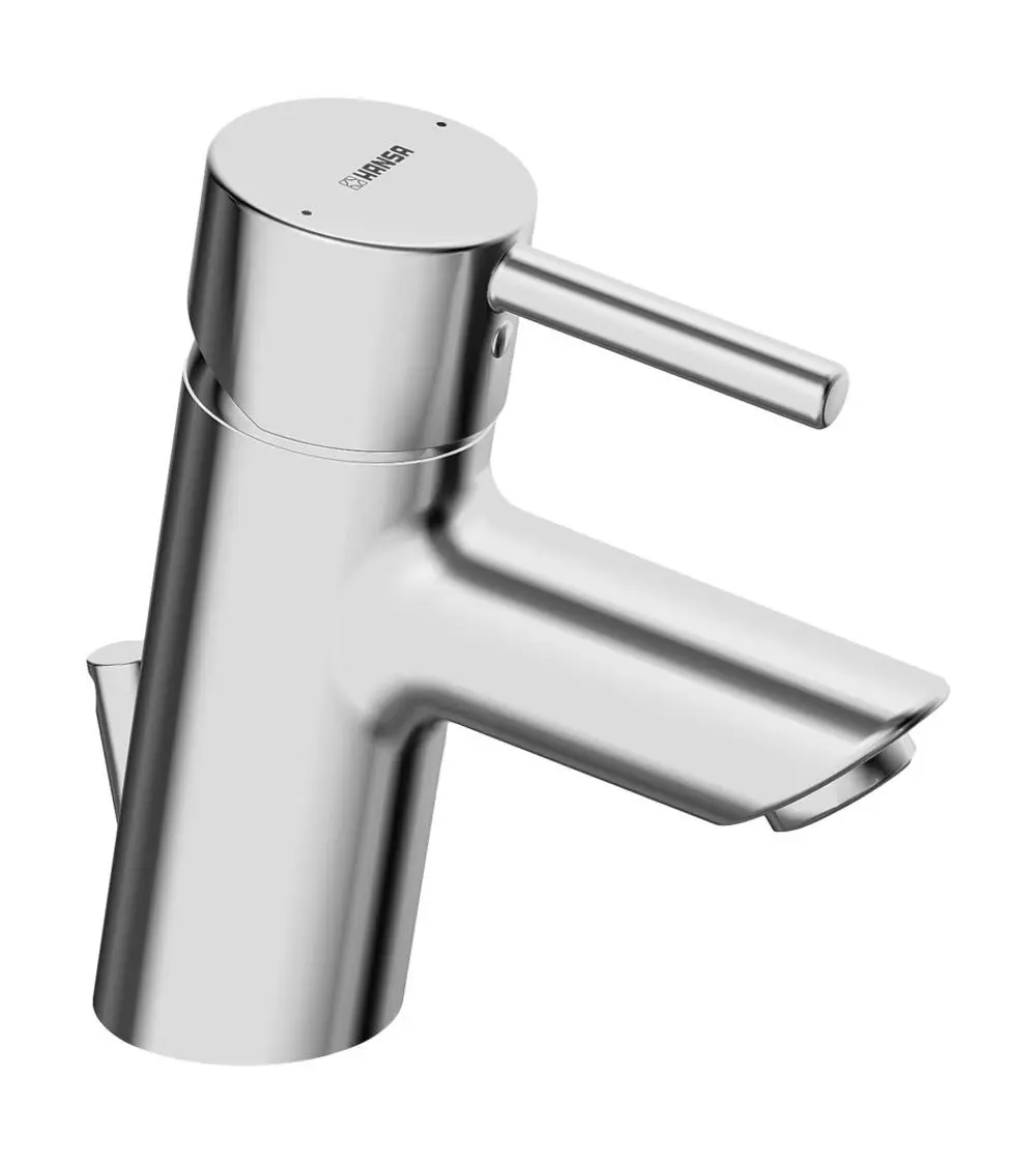 Einhebelmischer aus Chrom von HANSA mit integriertem Zugstangenablauf und einer Ausladung von 102 mm, geeignet für Waschtische.